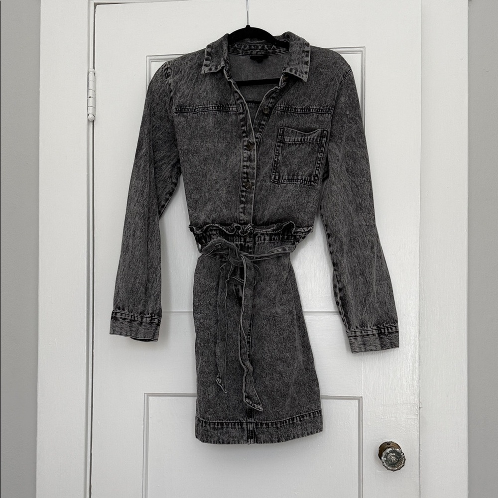 Black Acid Wash Denim Long Sleeve Dress with ruffle detailing